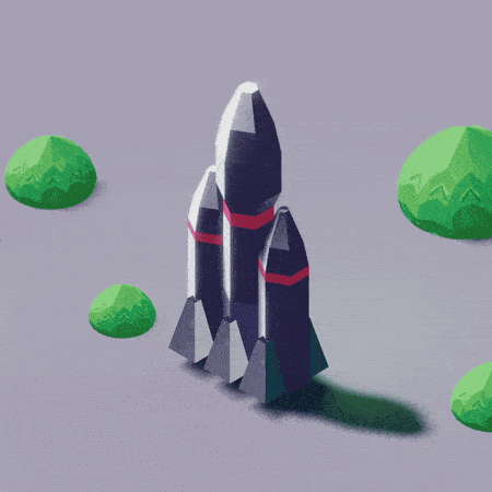 Animation 3D d'une fusée qui décolle, laissant une trainée de fumée derrière elle.