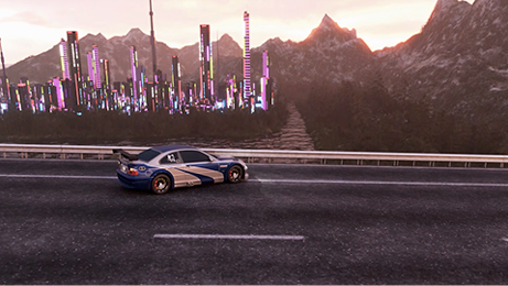 Scène modélisée en 3D, d'une route, avec une voiture stationnée et une ville au loin