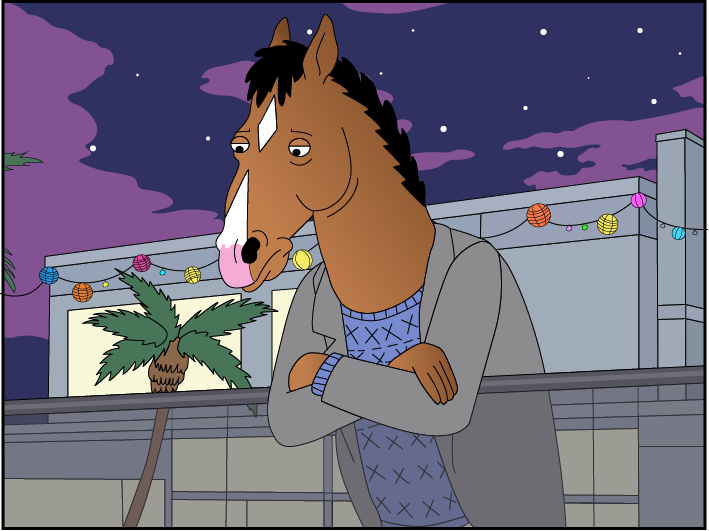 Illustration du protagoniste de la série Bojack Horseman accoudé à une rambarde, avec une villa en arrière-plan.