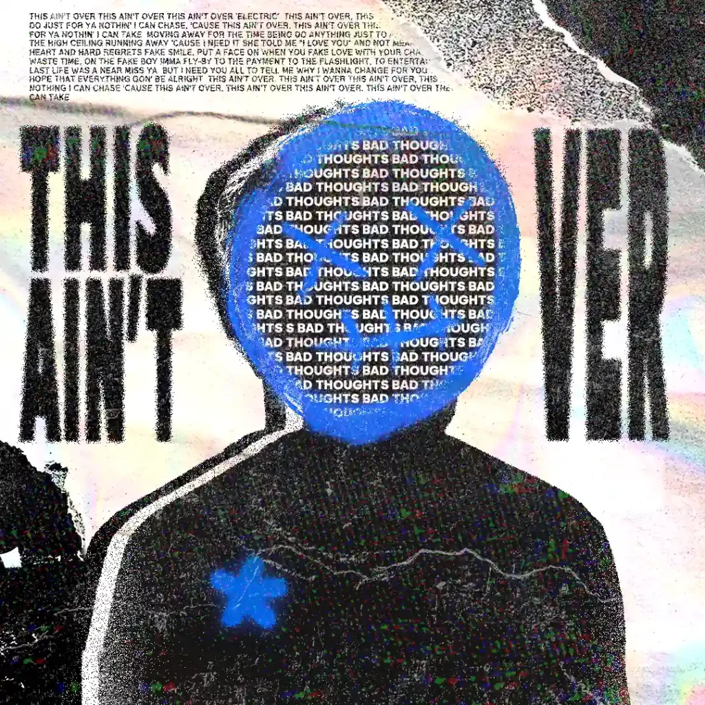 Photomontage avec la silhouette d'un homme, un visage dessiné à la main en bleu, du texte derrière la silhouette et dans le visage, ainsi qu'une fleur bleue au niveau du cœur.