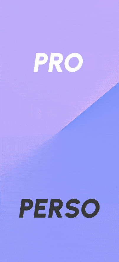 Capture d'écran d'un prototype d'outil de veille mobile montrant plusieurs fonctionnalités de l'application, dont la transition entre un espace professionnel et un espace personnel.