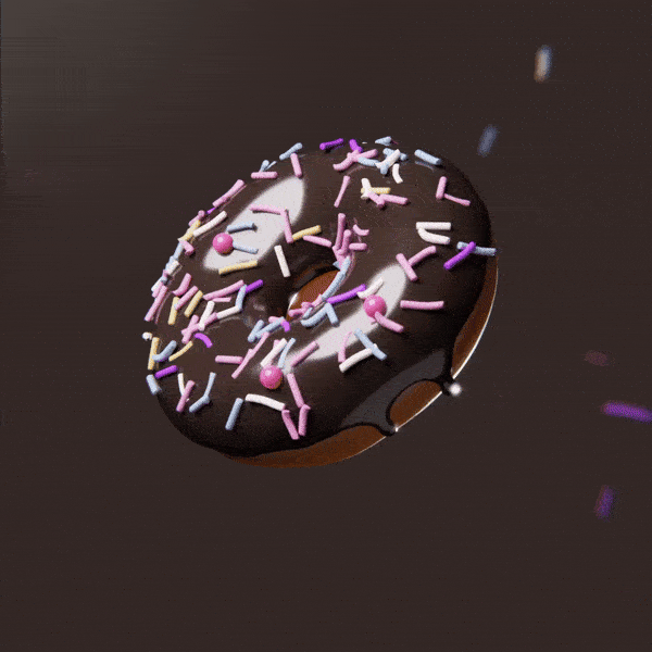 Gif d'une animation 3D d'un donut au chocolat tournoyant avec un fond marron.
