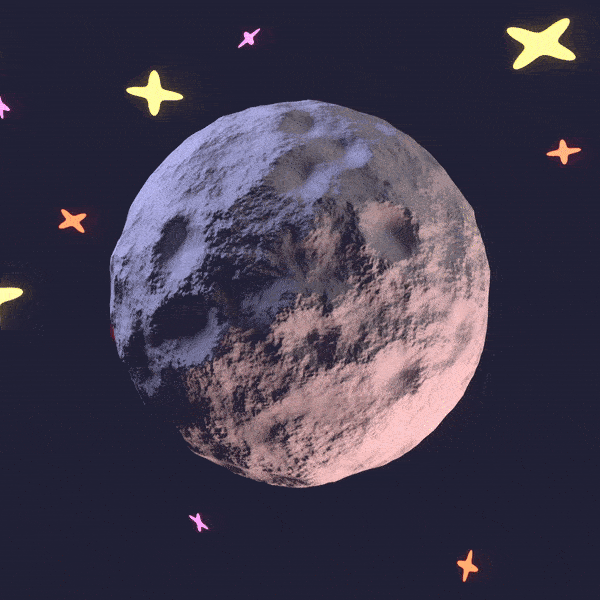 Animation 3D d'une fusée qui tourne autour d'une lune modélisée en 3D.