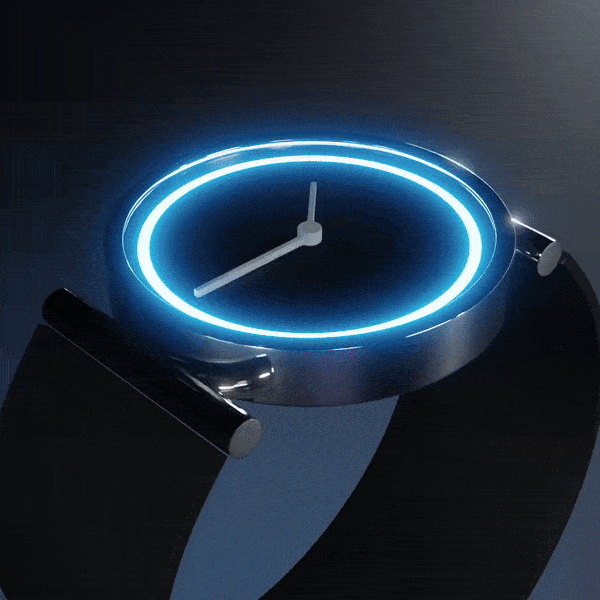 Animation 3D d'une montre qui tourne sur elle-même, avec un affichage qui change de couleur pendant la rotation.