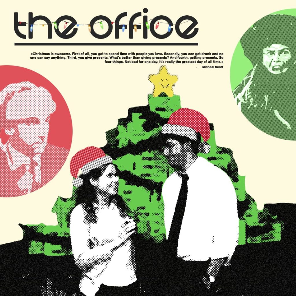 Photomontage des personnages de 'The Office' à la période de Noël, avec deux personnages portant un bonnet de Père Noël et un sapin de Noël en arrière-plan.