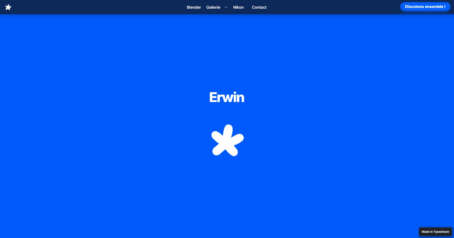 Capture d'écran d'une section du site web avec un fond bleu, affichant le texte "Erwin" et un logo d'une fleur blanche.