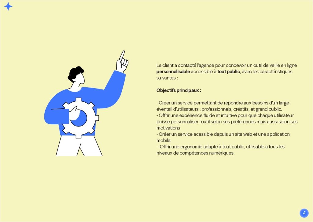 Slide du brief UX montrant un aperçu d'un document avec des points clés visuellement représentés.