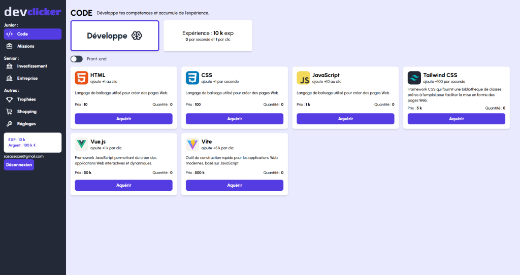 Site de type clicker avec écran pour déverrouiller des langages de programmation front end avec des points virtuels.