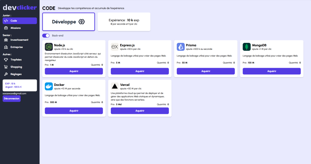 Site de type clicker avec écran pour déverrouiller des langages de programmation back end avec des points virtuels.