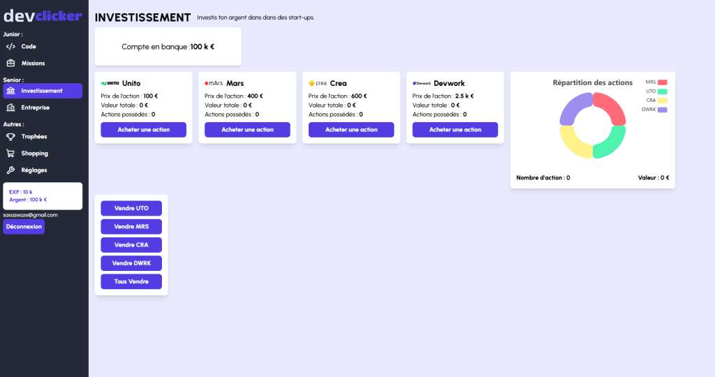 Capture d'écran d'un site de jeu "clicker" où l'on peut investir sur une bourse fictive.