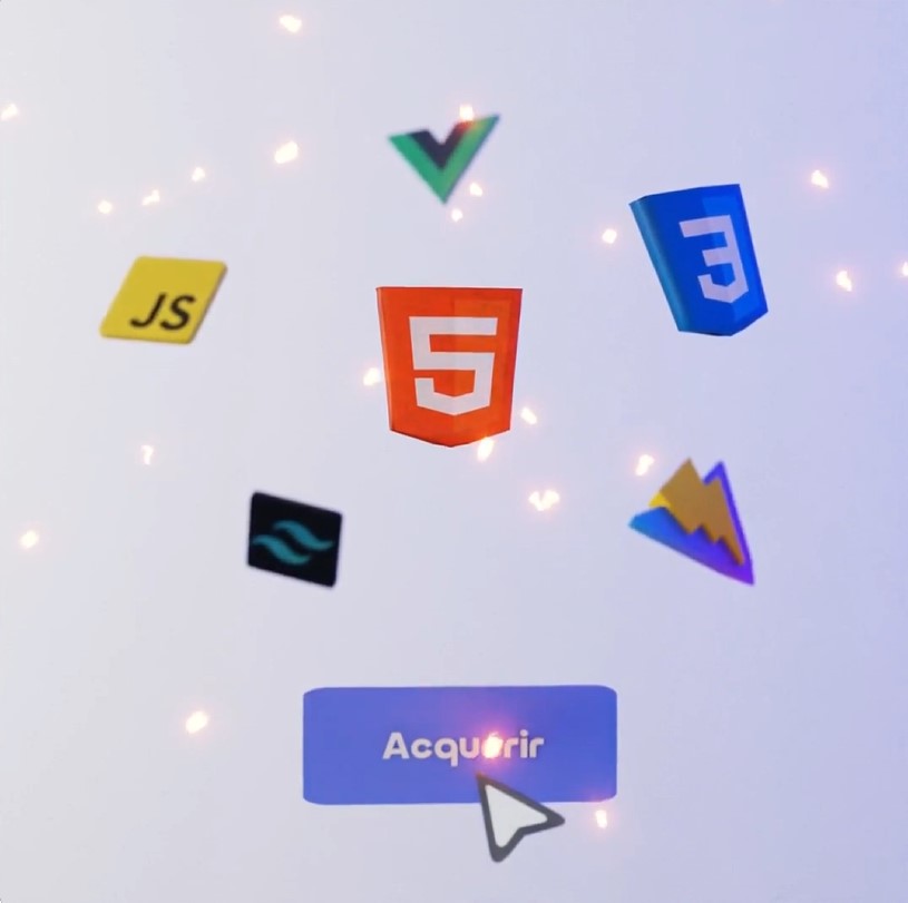 Modélisation 3D de logos de langages de programmation avec curseur et bouton "Acquérir" en 3D.