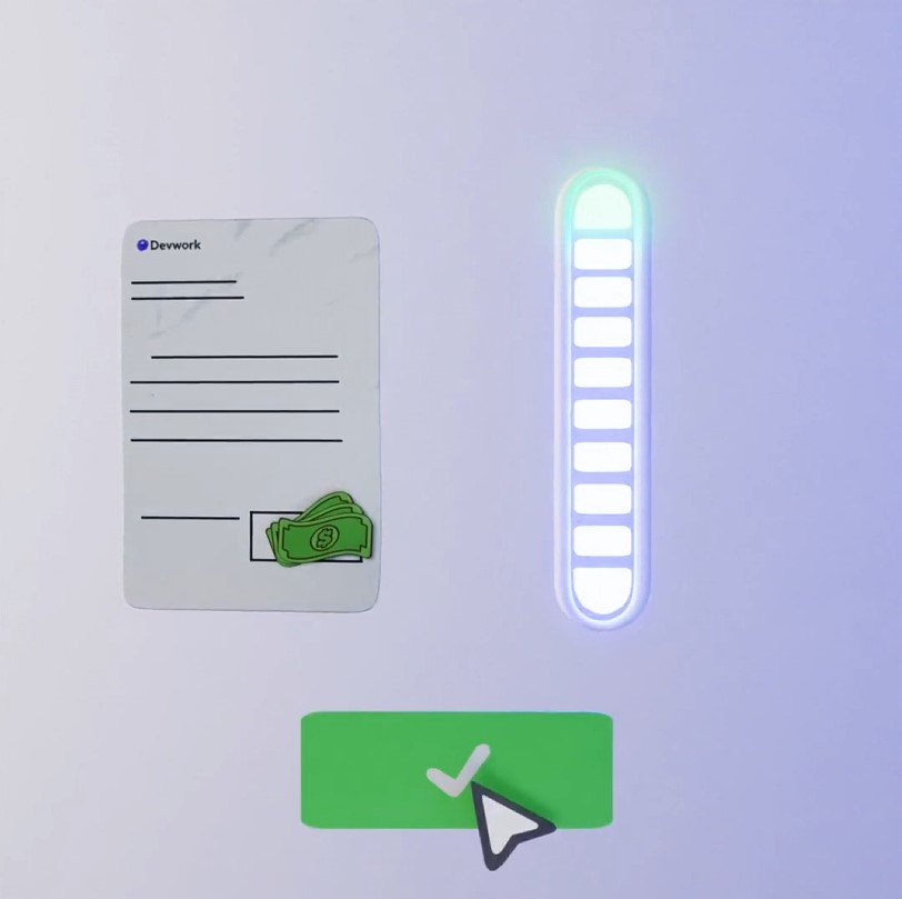 Modélisation 3D de barre de chargement, contrat avec billets en 3D, curseur et bouton "Valider".