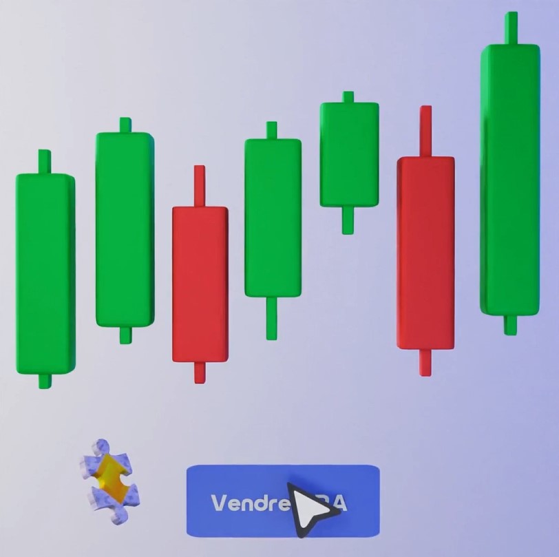 Modélisation 3D montrant des graphiques de bourse avec un curseur également en 3D et un bouton "Vendre".