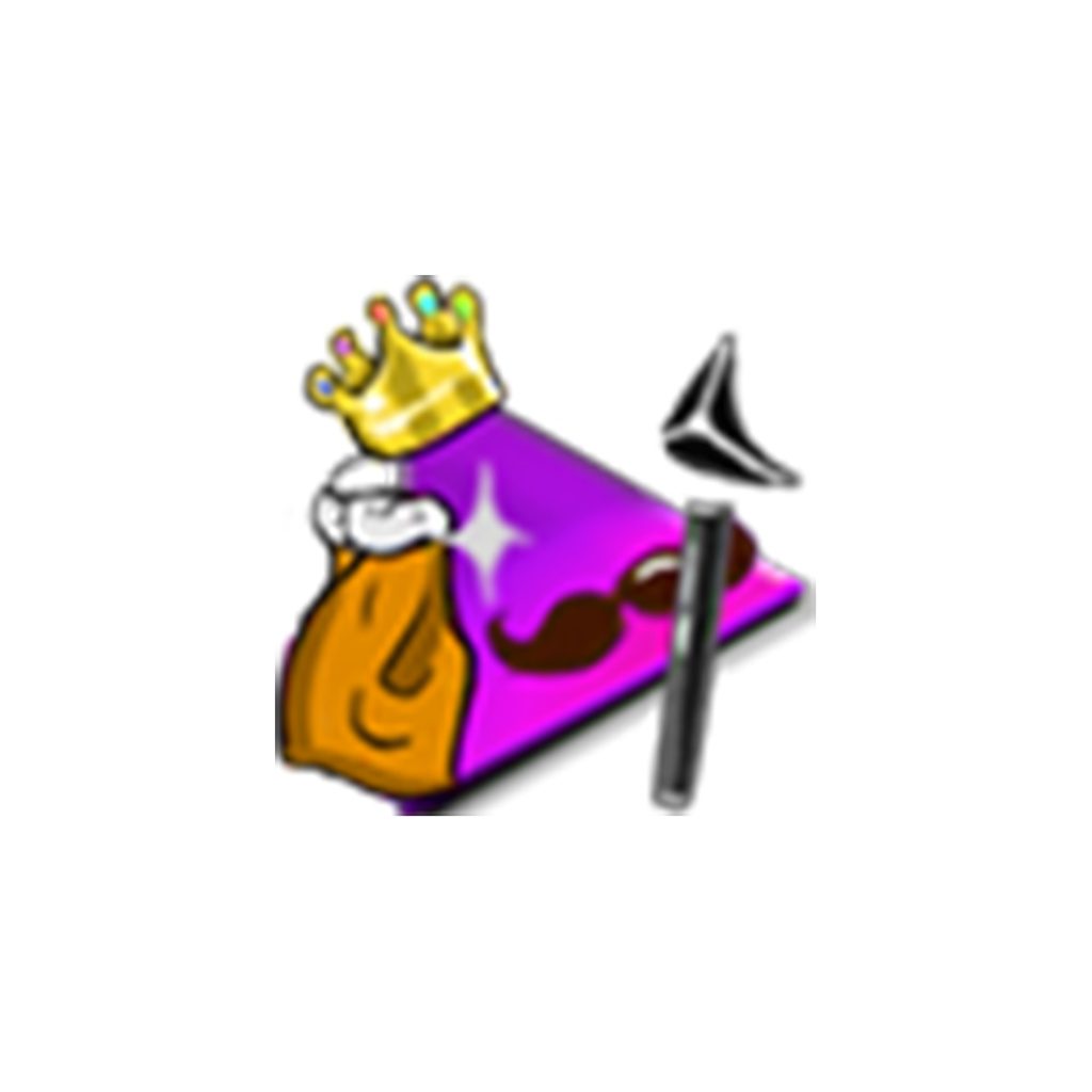 Badge communautaire, bouton play couleur violette avec un bâton royal, une cape royale, une couronne et une moustache.