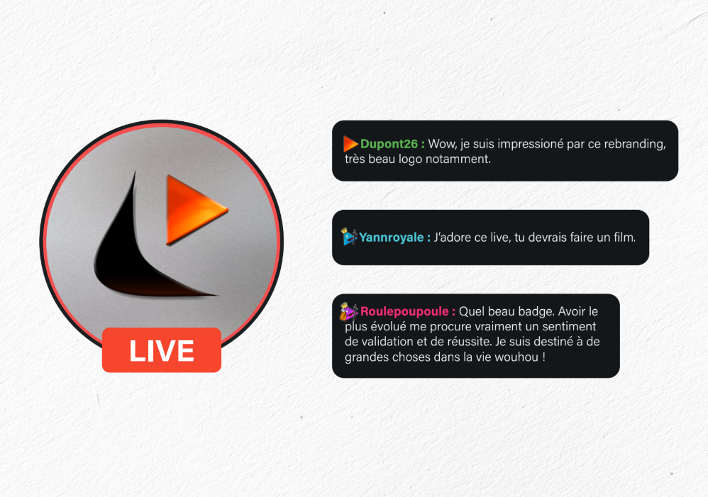 Mise en situation d'un logo et de plusieurs badges communautaires dans une simulation de chat en direct.